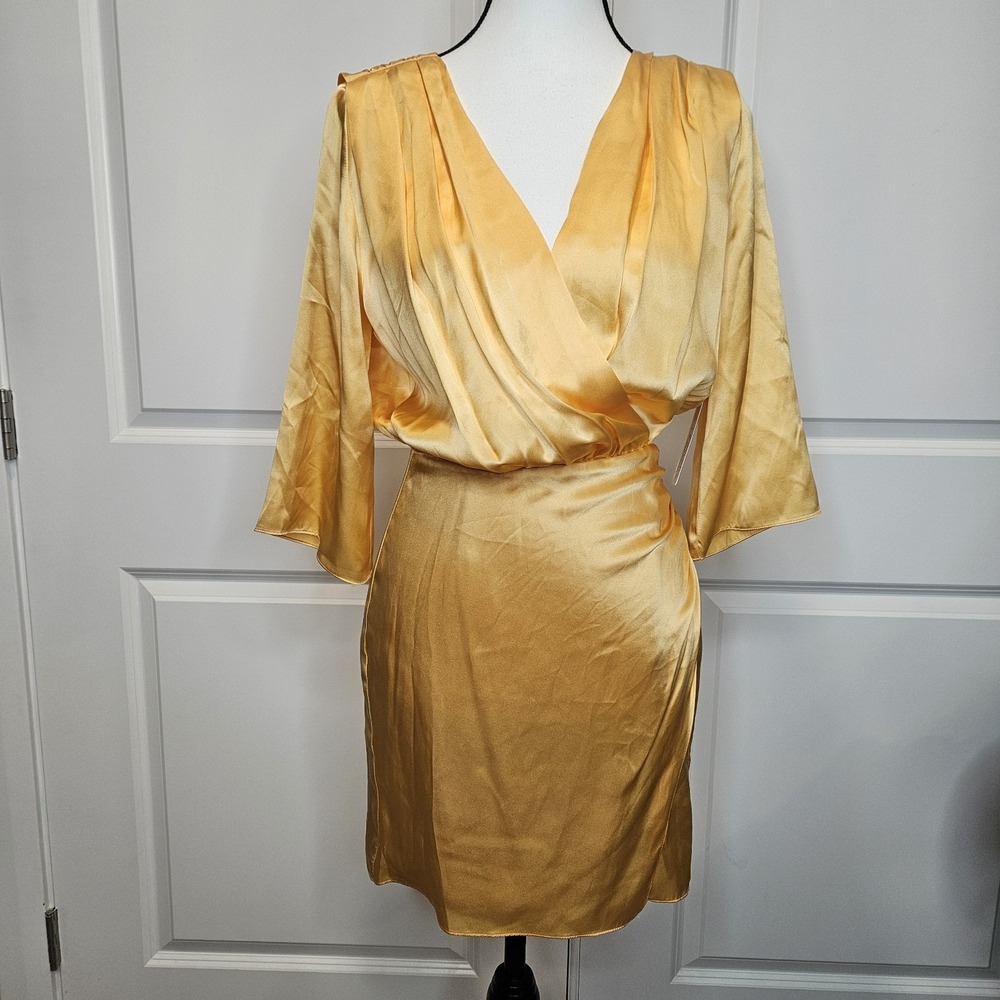 NWT Amanda Uprichard Silk Dress Size XS Marigold Yellow Blouson Faux Wrap Mini
